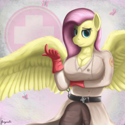 Size: 1750x1750 | Tagged: safe, artist:angerelic, fluttershy, butterfly, anthro, g4, bedroom eyes, big breasts, breasts, busty fluttershy, cleavage, clothes, crossover, female, fluttermedic, gloves, looking at you, medic, medic (tf2), smiling, solo, team fortress 2