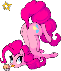 Size: 1024x1200 | Tagged: safe, artist:amberpendant, pinkie pie, g4, cheek fluff, cute, diapinkes, face down ass up, female, looking at you, muffin, pinkie being pinkie, simple background, solo, tongue out, transparent background