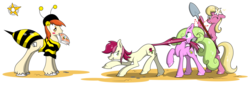 Size: 1600x542 | Tagged: safe, artist:amberpendant, daisy, flower wishes, lily, lily valley, roseluck, oc, g4, angry, bee costume, clothes, flower trio, mouth hold, shovel, tail pull