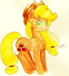 Size: 779x855 | Tagged: safe, artist:chiuuchiuu, applejack, g4, female, looking at you, simple background, solo, traditional art, watercolor painting