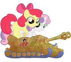 Size: 2400x2100 | Tagged: safe, artist:waffengrunt, apple bloom, sweetie belle, earth pony, pony, g4, crushing, destroyed, destruction, female, giant pony, high res, macro, solo, tank (vehicle), tank fetish