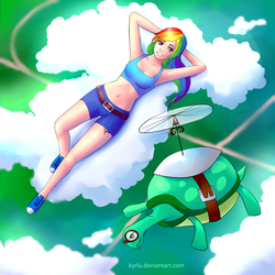 Size: 2000x2000 | Tagged: safe, artist:kyrlu, rainbow dash, tank, human, tortoise, g4, armpits, belly button, clothes, cloud, high res, humanized, midriff, sports bra