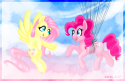 Size: 800x518 | Tagged: safe, artist:karzii, fluttershy, pinkie pie, g4, :d, balloon, cloud, duo, floating, flying, happy, looking at each other, looking at someone, open mouth, open smile, raised hoof, side view, sky, smiling, spread wings, then watch her balloons lift her up to the sky, wings