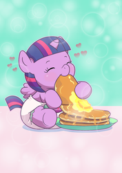 Size: 883x1248 | Tagged: safe, artist:artiecanvas, twilight sparkle, alicorn, pony, unicorn, g4, age regression, artiecanvas is trying to murder us, baby, baby pony, babylight sparkle, butter, cute, daaaaaaaaaaaw, diaper, eyes closed, female, filly, filly twilight sparkle, foal, happy, heart, hnnng, i'm pancake, nom, pancakes, poofy diaper, solo, sweet dreams fuel, syrup, that pony sure does love pancakes, twiabetes, twilight sparkle (alicorn), weapons-grade cute