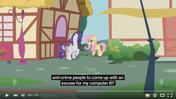 Size: 854x480 | Tagged: safe, screencap, fluttershy, rarity, g4, party of one, meme, youtube caption