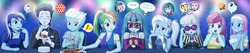 Size: 3808x800 | Tagged: safe, artist:uotapo, cup cake, fleetfoot, lotus blossom, minuette, photo finish, rainbow dash, soarin', sonata dusk, trixie, violet blurr, human, equestria girls, rainbow rocks, :o, alternate hairstyle, blue, blushing, bracelet, cavity, clothes, color set, cute, cute cake, dashabetes, diafleetes, dialogue, diatrixes, dress, drinking, equestria girls-ified, evening gloves, eyes closed, female, food, frown, glasses, gloves, hot sauce, jewelry, loose hair, lotusbetes, male, minubetes, necklace, nervous, open mouth, pearl necklace, photaww finish, pie, pizza, plate, ponytail, prank, rainbow dash always dresses in style, raised eyebrow, smurfs, soarinbetes, sonatabetes, suit, sunglasses, sweat, sweet dreams fuel, tabasco, that pony sure does love pies, tooth, uotapo is trying to murder us