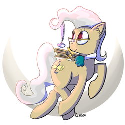 Size: 1200x1200 | Tagged: safe, artist:cheshiresdesires, mayor mare, g4, cute, female, inkwell, looking back, quill, scroll, smiling, solo, trotting