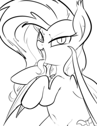 Size: 882x1144 | Tagged: safe, artist:dotkwa, fluttershy, g4, belly button, female, flutterbat, grayscale, monochrome, prehensile tongue, solo, tongue out