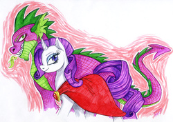 Size: 3088x2184 | Tagged: safe, artist:mariaruta, rarity, spike, dragon, pony, unicorn, g4, badass, bedroom eyes, cape, clothes, female, fire, fire ruby, green fire, grin, interspecies, looking at you, male, mare, older, older spike, ship:sparity, shipping, smiling, smirk, straight