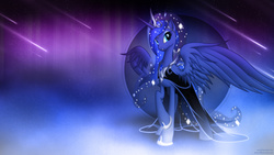 Size: 3840x2160 | Tagged: safe, artist:nemesis360, artist:romus91, princess luna, alicorn, pony, g4, beautiful, clothes, crown, dress, female, high res, mare, shooting star, solo, sparkly mane, vector, wallpaper