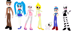 Size: 1280x560 | Tagged: safe, artist:diamond23jewel, equestria girls, g4, balloon boy, base used, belly button, clothes, crossover, eqg promo pose set, five nights at freddy's, mangle, marionette, midriff, skirt, toy bonnie, toy chica, toy freddy