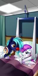 Size: 1024x1994 | Tagged: safe, artist:centchi, oc, oc only, oc:blank canvas, oc:hoof beatz, bronycon, bronycon 2015, bandage, bed, bronycon mascots, clown, clown nose, cute, hospital, patch adams, red nose