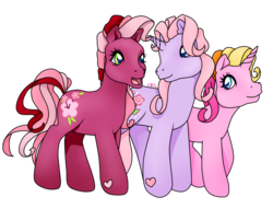 Size: 1052x803 | Tagged: safe, artist:prettywitchdoremi, cheerilee (g3), rarity (g3), earth pony, pony, unicorn, g3, female, filly, foal, heart, heart eyes, mare, self paradox, self ponidox, starry eyes, wingding eyes