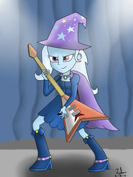 Size: 1944x2592 | Tagged: safe, artist:sketchzi, trixie, equestria girls, g4, my little pony equestria girls: rainbow rocks, cape, clothes, female, flying v, guitar, guitar pick, hat, musical instrument, paint tool sai, playing, signature, solo, spotlight, stage, wizard, wizard hat