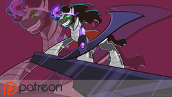 Size: 1280x721 | Tagged: safe, artist:animatorrawgreen, king sombra, pony, unicorn, fall of the crystal empire, g4, armor, crystal, curved horn, dark magic, horn, looking down, magic, male, patreon, patreon logo, scythe, solo, sombra eyes, stallion, wallpaper, watermark, weapon, zoom layer