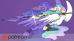 Size: 1280x721 | Tagged: safe, artist:animatorrawgreen, princess celestia, fall of the crystal empire, g4, action pose, female, patreon, patreon logo, solo, wallpaper, watermark, weapon, zoom layer