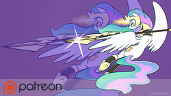 Size: 1280x721 | Tagged: safe, artist:animatorrawgreen, princess celestia, fall of the crystal empire, g4, action pose, armor, female, patreon, patreon logo, solo, wallpaper, warrior, warrior celestia, watermark, weapon, zoom layer