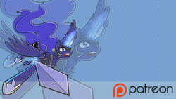 Size: 1280x721 | Tagged: safe, artist:animatorrawgreen, princess luna, fall of the crystal empire, g4, action pose, female, patreon, patreon logo, solo, sword, wallpaper, watermark, weapon, zoom layer
