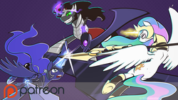 Size: 1280x721 | Tagged: safe, artist:animatorrawgreen, king sombra, princess celestia, princess luna, fall of the crystal empire, g4, action pose, glowing horn, horn, horseshoes, patreon, patreon logo, sombra eyes, wallpaper, watermark, weapon