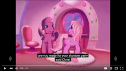 Size: 854x480 | Tagged: safe, screencap, cheerilee (g3), pinkie pie (g3), cheerilee's pajama party, g3, meet the ponies, jesus christ, meme, youtube caption