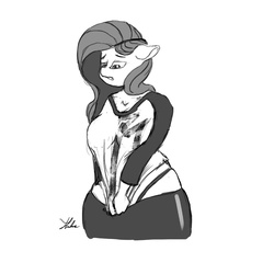 Size: 900x900 | Tagged: safe, artist:xenstroke, fluttershy, anthro, g4, bad anatomy, big breasts, breasts, fat, female, monochrome, solo, tight clothing