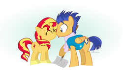 Size: 795x495 | Tagged: safe, artist:dm29, flash sentry, sunset shimmer, pegasus, pony, unicorn, g4, winter wrap up, boop, clothes, cute, diasentres, duo, female, julian yeo is trying to murder us, male, mare, nuzzling, shimmerbetes, ship:flashimmer, shipping, shovel, snow, snow shovel, stallion, straight, vest, weather team, winter wrap up vest