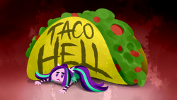 Size: 1280x720 | Tagged: safe, artist:ponut_joe, aria blaze, equestria girls, g4, taco, taco hell, title card