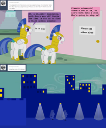 Size: 1250x1505 | Tagged: safe, artist:hakar-kerarmor, oc, oc:monolith, oc:nors, pegasus, pony, ask four inept guardponies, doors, male, royal guard, stallion