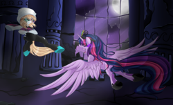 Size: 1146x697 | Tagged: safe, artist:blackfreya, twilight sparkle, oc, oc:twivine sparkle, alicorn, pony, spiders and magic: rise of spider-mane, g4, castle of the royal pony sisters, clothes, crossover, female, fight, gwen stacy, male, mare, sombra eyes, spider-gwen, spider-man, spiders and magic iv: the fall of spider-mane, torn clothes, twilight sparkle (alicorn)