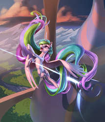 Size: 3048x3538 | Tagged: safe, artist:nadnerbd, princess celestia, g4, belly, belly button, blast, canterlot, canterlot castle, cloud, dodge, dramatic lighting, eyelashes, female, flying, forest, high res, implied fight, large wings, lighting, long mane, long tail, magic, magic blast, missing accessory, mountain, mountain range, open mouth, raised hoof, ribcage, river, slender, solo, spread wings, sunset, tail, teeth, thin, tower, underhoof, water, windswept mane, windswept tail, wings