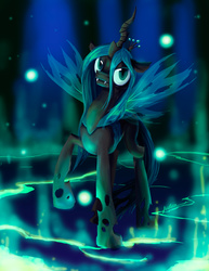 Size: 1275x1650 | Tagged: safe, artist:furboz, artist:ponies82, queen chrysalis, changeling, changeling queen, g4, crown, female, jewelry, raised hoof, regalia, solo