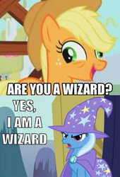 Size: 252x370 | Tagged: safe, applejack, trixie, pony, unicorn, g4, are you a wizard, female, mare, meme, subverted meme, wizard