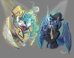 Size: 4200x3300 | Tagged: safe, artist:mad munchkin, princess celestia, princess luna, pony, g4, bipedal, bowler hat, bubble, bubble pipe, classy, clothes, hat, moustache, spread wings, suit, tea, teacup, top hat