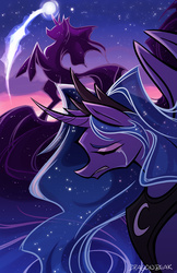 Size: 600x927 | Tagged: safe, artist:dragonbeak, princess luna, tantabus, do princesses dream of magic sheep, g4, crying, curved horn, female, horn, rearing, solo