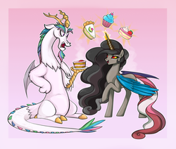 Size: 1280x1084 | Tagged: dead source, safe, artist:mn27, artist:mnii7, discord, princess celestia, alicorn, draconequus, pony, g4, accessory swap, bedroom eyes, body swap, cake, cute, eye contact, eye swap, female, frown, glare, magic, male, open mouth, palette swap, personality swap, pink background, raised hoof, rule 63, ship:dislestia, shipping, simple background, sitting, smiling, species swap, straight, telekinesis