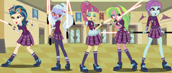 Size: 5904x2500 | Tagged: safe, artist:xebck, edit, indigo zap, lemon zest, sour sweet, sugarcoat, sunny flare, equestria girls, g4, my little pony equestria girls: friendship games, clothes, crystal prep academy, crystal prep shadowbolts, glasses, goggles, headphones, lightsaber, lightsaber techniques, shadow five, sith, skirt, star wars