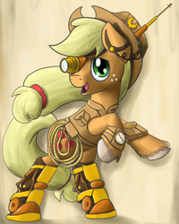 Size: 1280x1600 | Tagged: safe, artist:niegelvonwolf, applejack, g4, clothes, female, monocle, rearing, rope, solo, steampunk