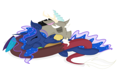 Size: 1024x615 | Tagged: safe, artist:kaatseye, discord, princess luna, g4, cuddling, female, male, prone, ship:lunacord, shipping, simple background, snuggling, straight, transparent background