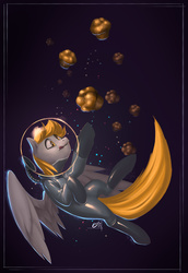 Size: 1153x1677 | Tagged: safe, artist:eosphorite, derpy hooves, pegasus, pony, g4, :p, astronaut, epic derpy, eyes on the prize, featured image, female, latex, mare, muffin, reaching, smiling, solo, spacesuit, spread wings, that pony sure does love muffins, tongue out