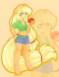 Size: 1640x2149 | Tagged: safe, artist:arachne149, applejack, earth pony, anthro, unguligrade anthro, g4, apple, belly button, breasts, busty applejack, cleavage, clothes, female, front knot midriff, grin, hand on hip, midriff, shorts, solo, wingding eyes, zoom layer