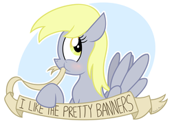 Size: 1950x1399 | Tagged: safe, artist:manual-monaro, derpy hooves, pegasus, pony, g4, banner, blushing, eating, female, looking at you, mare, mouth hold, nom, old banner, parody, solo