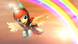 Size: 1920x1080 | Tagged: safe, artist:sourcerabbit, oc, oc only, oc:film flick, alicorn, pony, 3d, bunny ears, dangerous mission outfit, female, flying, mare, rainbow, solo, source filmmaker