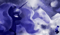 Size: 1700x1000 | Tagged: safe, artist:staticdragon1, princess luna, g4, female, moon, mountain, night, snow, solo