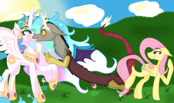 Size: 1200x712 | Tagged: safe, artist:samantha062104, discord, fluttershy, princess celestia, g4, blushing, female, kissing, male, ship:dislestia, shipper on deck, shipping, straight, tripping