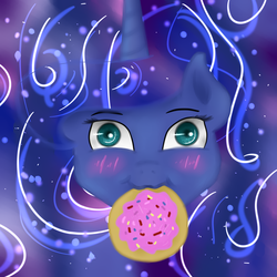 Size: 3000x3000 | Tagged: safe, artist:purplesquidz, princess luna, g4, :3, blushing, cookie, female, high res, mouth hold, solo