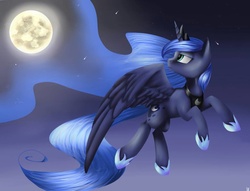 Size: 1016x776 | Tagged: safe, artist:neutisshow, princess luna, g4, female, flying, looking back, moon, solo
