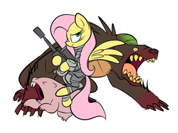 Size: 748x560 | Tagged: safe, artist:metal-kitty, fluttershy, naked mole rat, pegasus, pony, g4, armor, crossover, fallout, fallout 3, female, flying, gun, hooves, mare, optical sight, power armor, rifle, simple background, sniper rifle, solo, spread wings, weapon, white background, wings