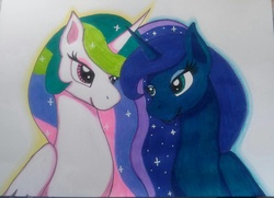 Size: 1239x897 | Tagged: safe, artist:shadow-nights, princess celestia, princess luna, pony, g4, duo, ethereal mane, female, folded wings, looking at each other, mare, paper, simple background, sisters, smiling, sparkly mane, starry mane, traditional art, white background, wings
