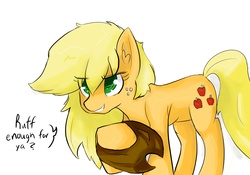 Size: 10000x7000 | Tagged: artist needed, safe, applejack, g4, absurd resolution, cowboy hat, dialogue, drawthread, female, grin, hat, loose hair, messy mane, solo, stetson
