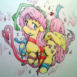 Size: 2045x2055 | Tagged: safe, artist:tamikimaru, fluttershy, g4, blushing, female, floppy ears, high res, ribbon, solo, traditional art